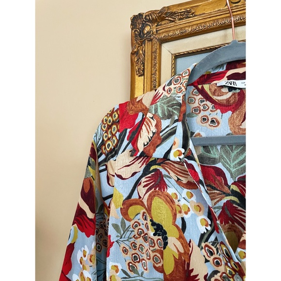 ZARA Blue Silky Satin Floral Printed Long Sleeve Button Down Midi Shirt Dress - Picture 10 of 17